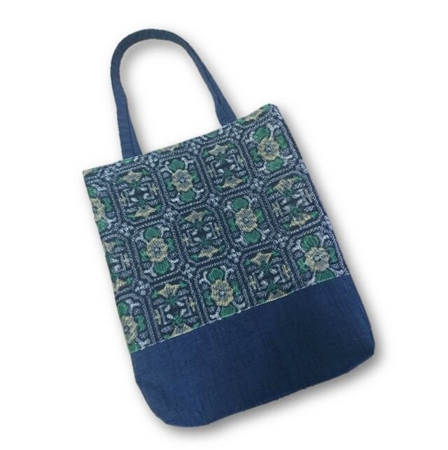 72　大島紬×紬リメイク縦長トートバッグ（黒・四角花）