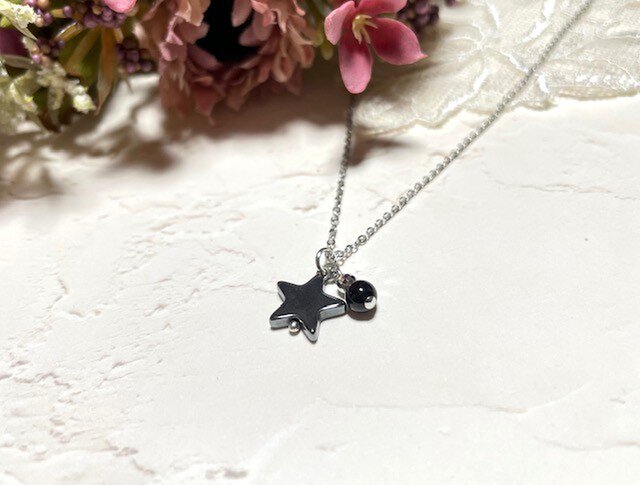 40cm* ヘマタイト・モリオン（黒水晶）のキラキラ星ネックレス