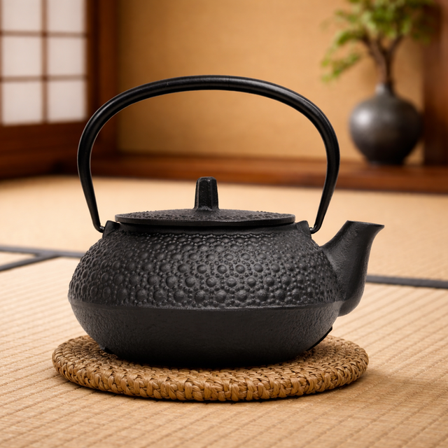 南部鉄器 鉄瓶兼用急須 5型新亀甲 0.65L 茶漉し付 黒焼付仕上 日本製 