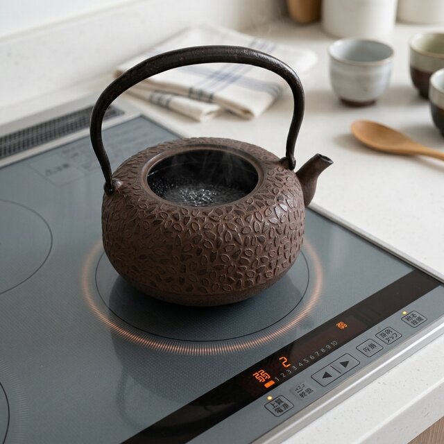 南部鉄器 鉄瓶 岩戸賢一郎作 平丸小桜 1.2L 内面漆焼付・酸化被膜仕上