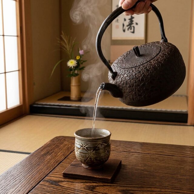 南部鉄器 鉄瓶 岩戸賢一郎作 平丸小桜 1.2L 内面漆焼付・酸化被膜仕上