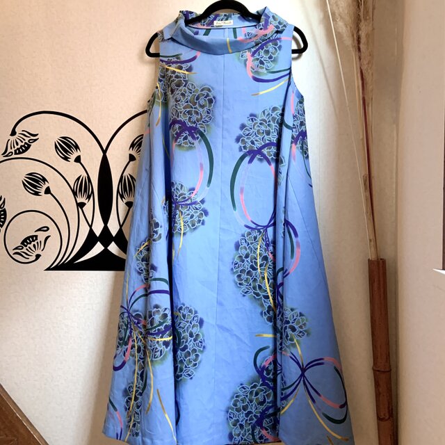 浴衣反物から作ったロールカラーAラインワンピース 紫陽花の画像1枚目