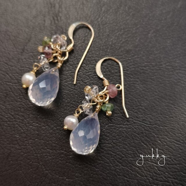 ★一点物★宝石質スコロライトAAA✽トルマリン✽淡水パール✽クリスタル14kgfピアス