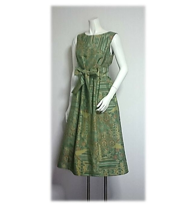 196　大島紬Ａラインワンピーㇲ（グリーン）