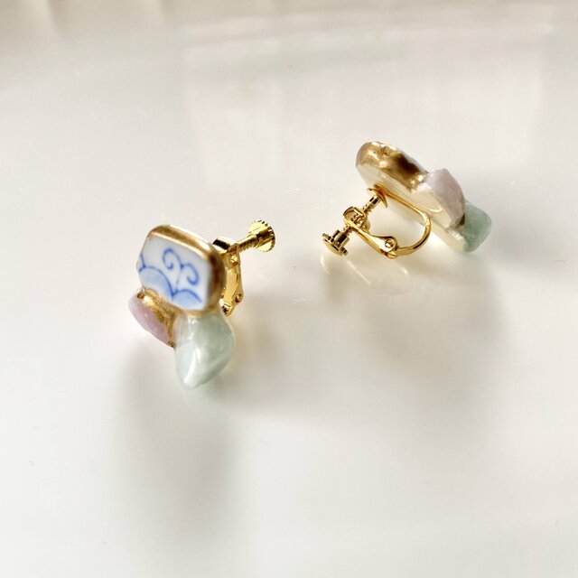 金継ぎx天然石ピアス イヤリング（シー陶器、ミルキークンザイト 