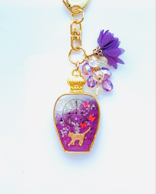 香水瓶キーホルダー ﾈｺ  （魔女花の咲く夜）