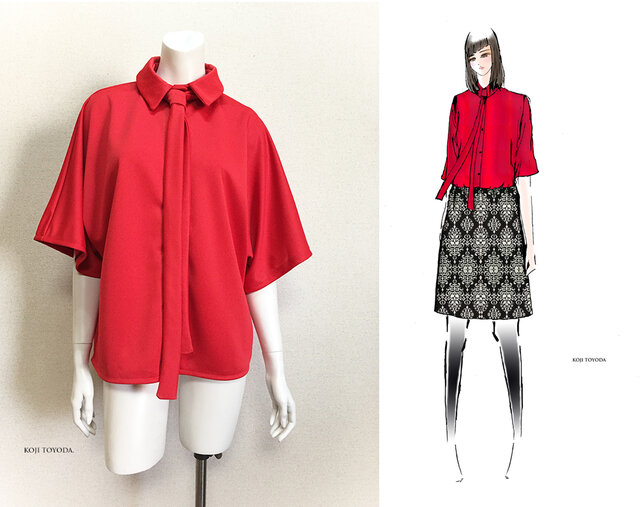 1点もの デザイン画付き タイ付きゆったり着物袖ドットクールニット赤ブラウス Koji Toyoda Iichi ハンドメイド クラフト作品 手仕事品の通販