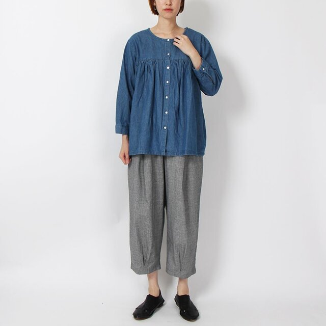 デニムギャザーブラウス(ブルー)