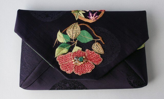 花のアンティーク刺繍帯 数寄屋クラッチバッグの画像1枚目
