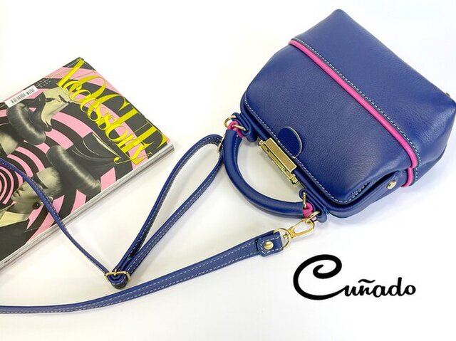 新作 本革ショルダーバッグ インディゴブルー ビビッドピンク ドクターバッグミニciccha Iichi ハンドメイド クラフト作品 手仕事品の通販