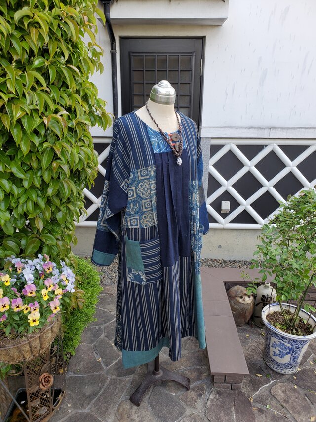 着物リメイク 古布 手作り 型染め、縞木綿 パッチ ワンピース | iichi