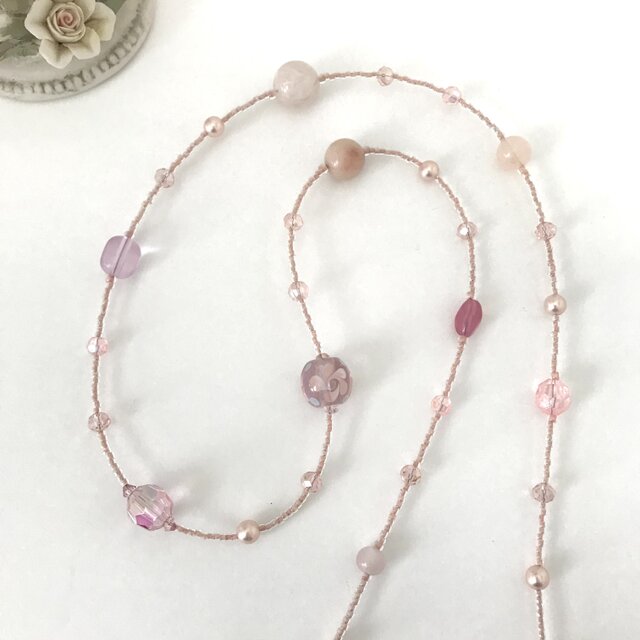 ピンクマーブル玉とターコイズのロングネックレス 最大2,000円OFFクーポン 天然石 120cm ターコイズ