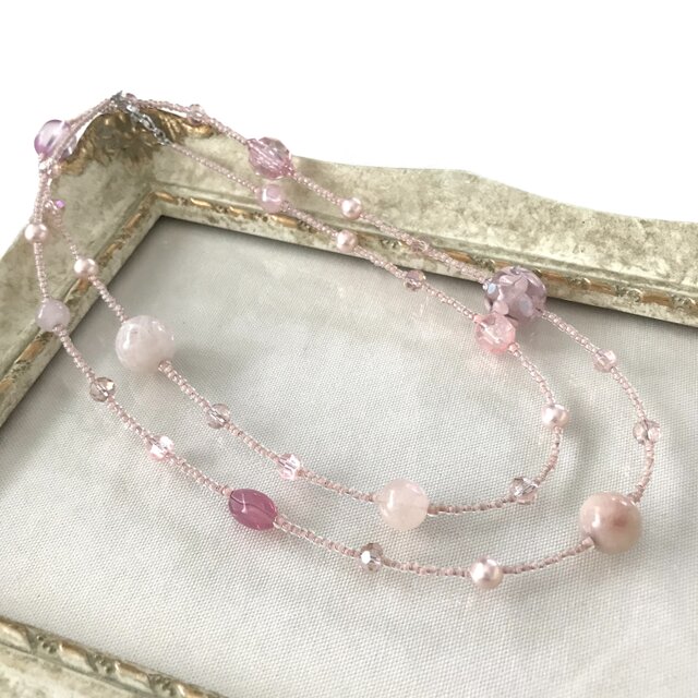 ピンクマーブル玉とターコイズのロングネックレス 最大2,000円OFFクーポン 天然石 120cm ターコイズ