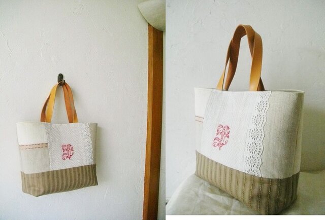 アンティークリネン*手刺繍*アンティークレース*トートバッグ | iichi