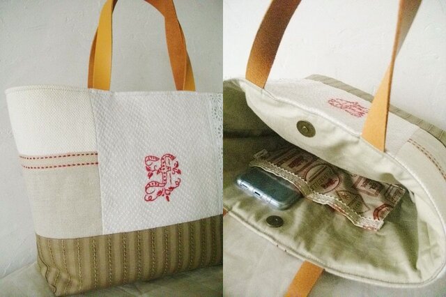 アンティークリネン*手刺繍*アンティークレース*トートバッグ | iichi