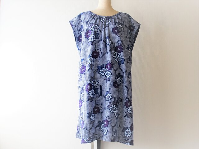 浴衣リメイク フレンチスリーブのチュニックワンピース 菊に亀甲 リップル加工 Iichi ハンドメイド クラフト作品 手仕事品の通販