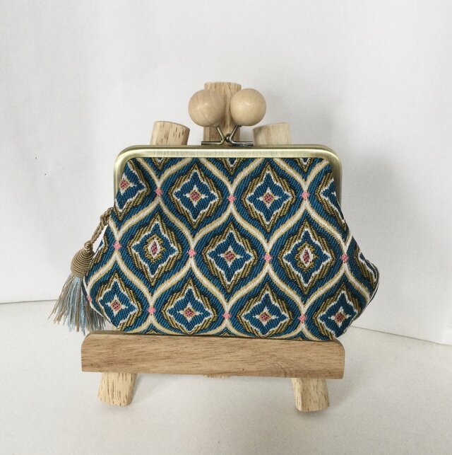 SAFECO　フランス生地　ダイヤ柄　木玉親子がま口ミニ財布