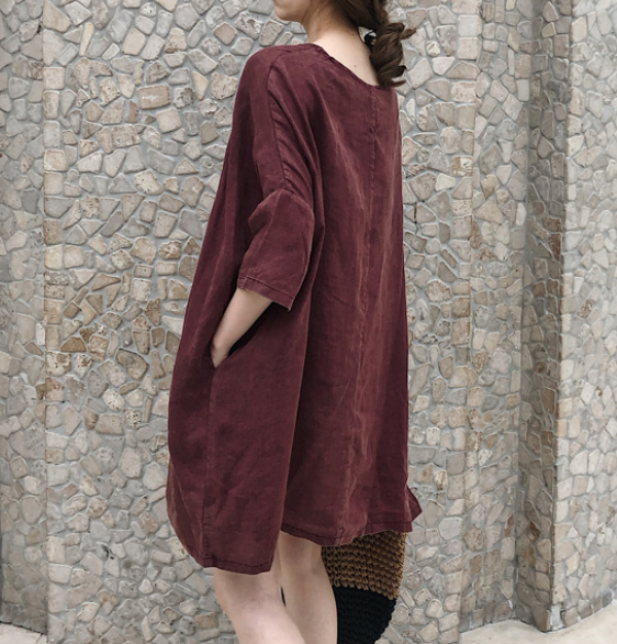 受注製作 ミドル丈ワンピース コットンリネン ラミー ゆったり フクシア 春 夏 ワンピース Iichi ハンドメイド クラフト作品 手仕事品の通販