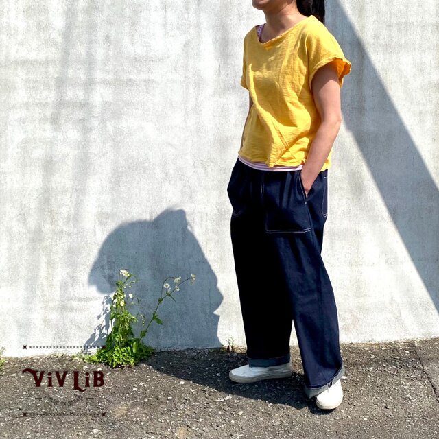岡山デニム セルビッチ / 白ステッチワイドイージーパンツ（男女兼用