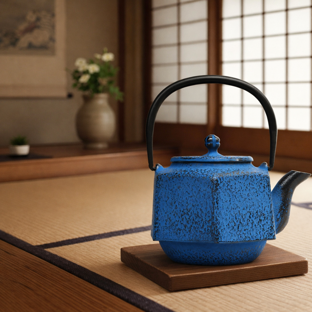 お取り寄せ】南部鉄器 ティーポット 急須 六角利久（青）0.5L 日本製