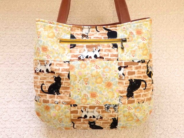 お買い得! 9Pトート/No.2 猫とレンガ×テラコッタ iichi ハンドメイド・クラフト作品・手仕事品の通販