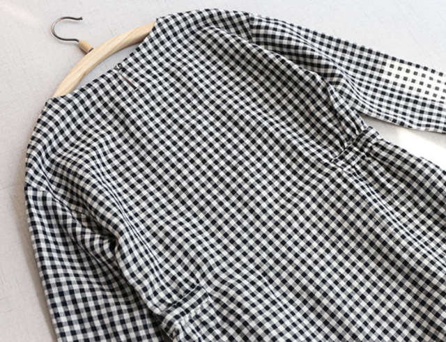 ドレス 100％リネン ワンピース レディース リネン 黒と白の小さなグリッド 七分袖 | iichi ハンドメイド・クラフト作品・手仕事品の通販