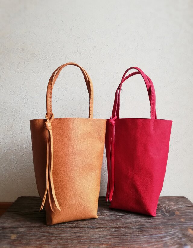 【受注制作】mini tote　ピッグスキン　キャメル　レッド