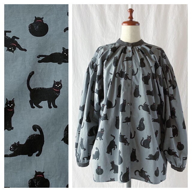 黒猫のスタンドカラーブラウス（長袖：グレー）