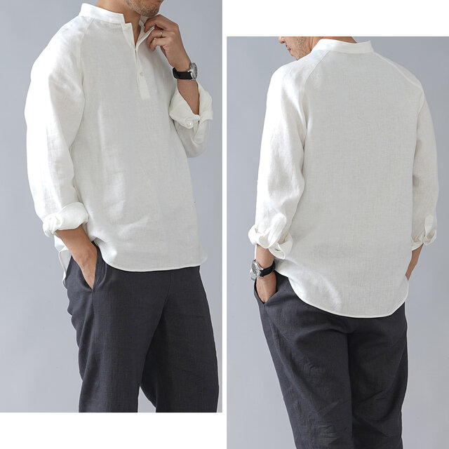 【Lサイズ】【wafu】リネン スタンドカラー シャツ 男女兼用 カフス袖 中厚地 /ホワイト t038g-wht2