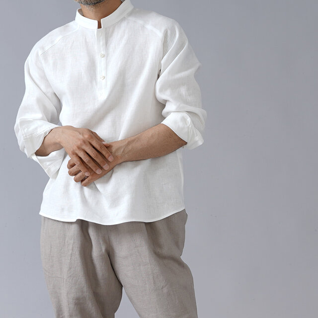 【Mサイズ】【wafu】リネン スタンドカラー シャツ 男女兼用 カフス袖 中厚地 /ホワイト t038g-wht2