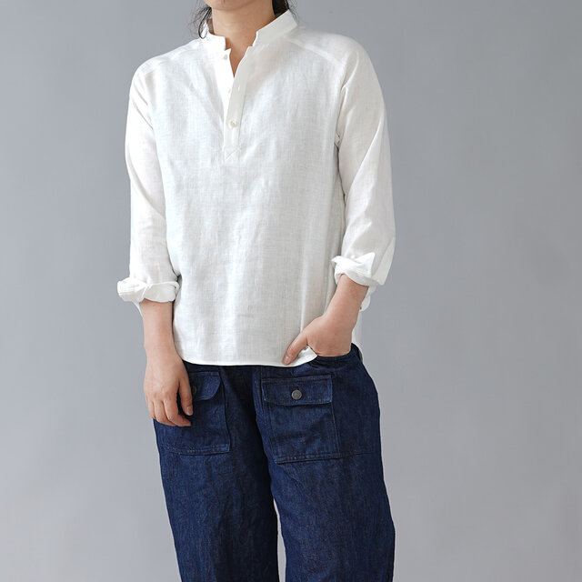 【Sサイズ】【wafu】リネン スタンドカラー シャツ 男女兼用 カフス袖 中厚地 /ホワイト t038g-wht2