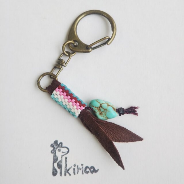 革リボンとターコイズのキーホルダー(#884)(一点限定)