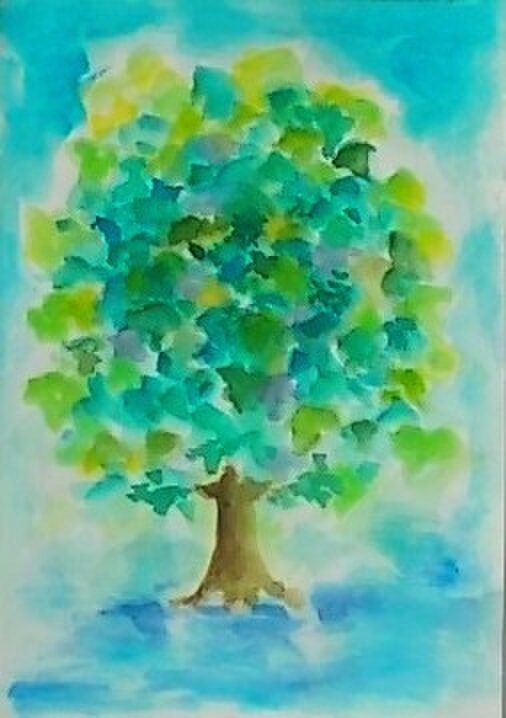 絵画 インテリア 額絵 水彩画 青と緑の世界 思い出の木 | iichi 日々の
