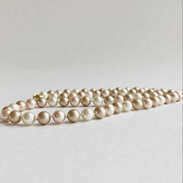 ガラスパールオールノットネックレス/8mm約62cm/ピンクxサンドベージュmix/G/made in japan
