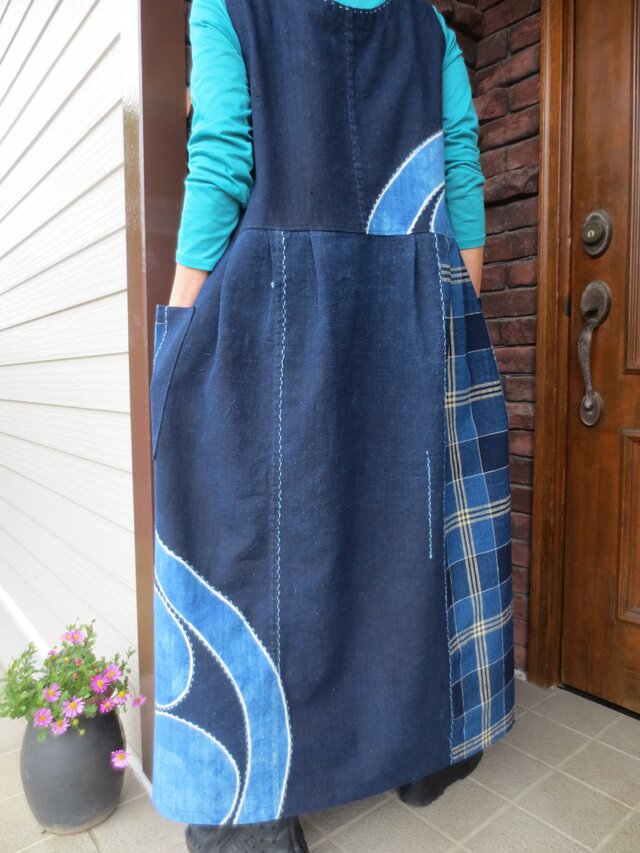 通販セール藍染と浅葱色の組み合わせフードジャンバースカート その他