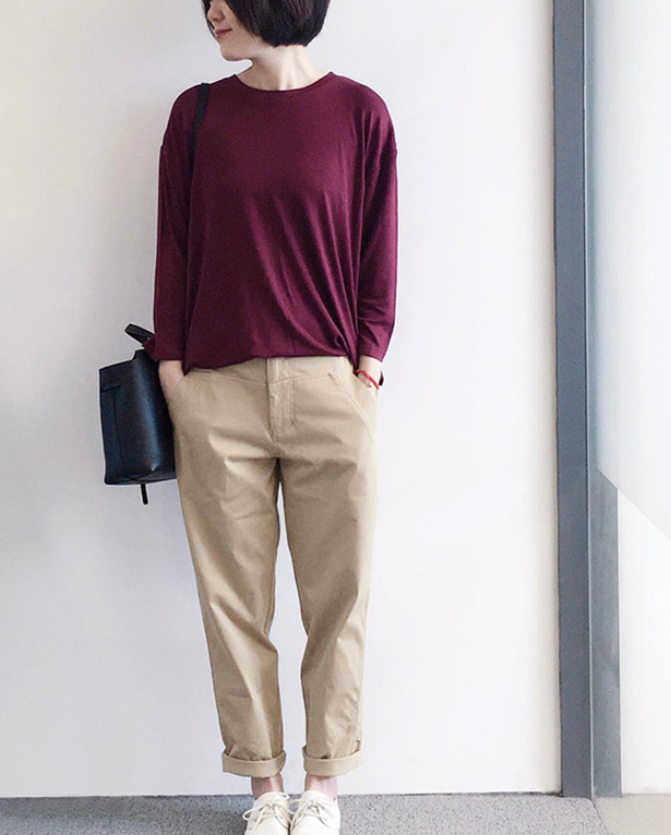 ラウンドネック Tシャツ 春夏 長袖シャツ ワインレッド シンプル フリーサイズ Iichi ハンドメイド クラフト作品 手仕事品の通販