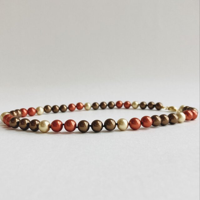 ガラスパールオールノットmixネックレス/8mm約43cm/ブラウンmix/G/made in japan