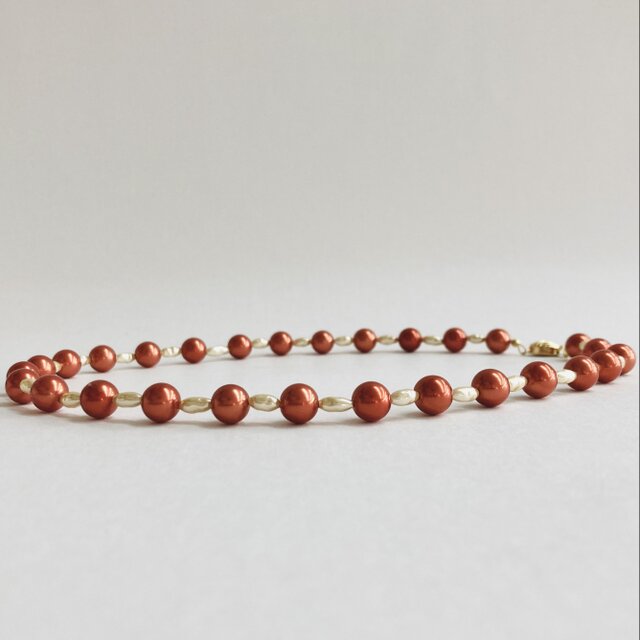 ガラスパール+バロックパールmixネックレス/8mm約43cm/コーラルルージュ/G/made in japan