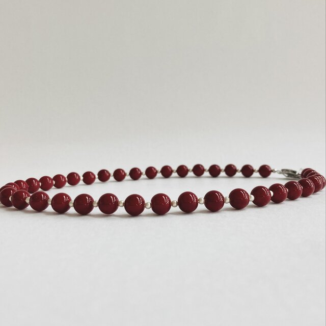 ガラスビーズネックレス/8mm約43cm/RED/日本製