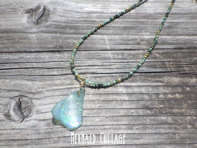 3WAY☆ローマングラス ターコイズネックレス*Ancient Romanglass Necklaceの画像1枚目