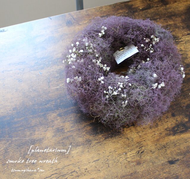 幻想的なスモークツリーとフィリカ、かすみ草のナチュラルリース 幻想