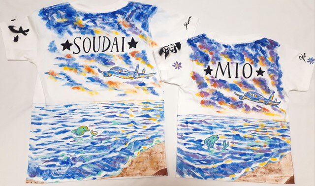 お揃いの輝く夜明け Tシャツ 手描き 海 いるか 朝日 | iichi 日々の