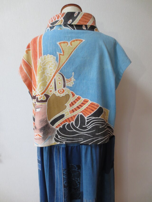 日本価格古布　着物リメイク　藍染木綿　パッチワークフレンチ袖ブラウス トップス