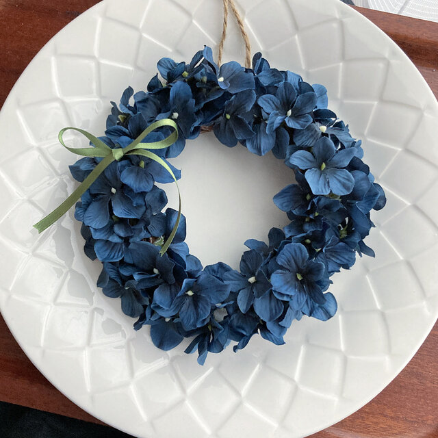 青い紫陽花のリース Iichi ハンドメイド クラフト作品 手仕事品の通販