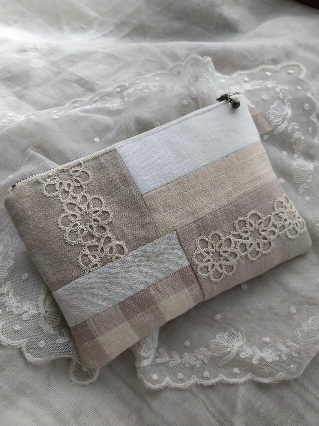 アンティーク*タティングレース*リネン*パッチワークポーチ