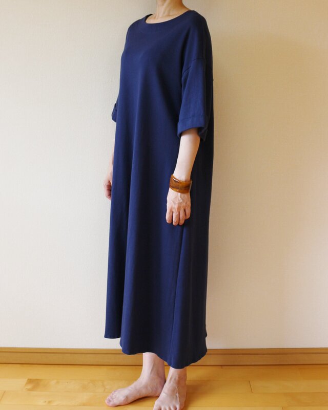 スムースニットのワンピース コットン100 ネイビー Iichi ハンドメイド クラフト作品 手仕事品の通販