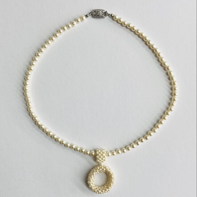 貝パールネックレス/リングモチーフ付き/5mm約43cm/クリーム/R/made in japan