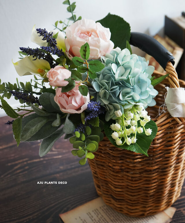 アラログバスケット(LILY'S BAG S)と造花ブーケ(3点セット)の画像1枚目