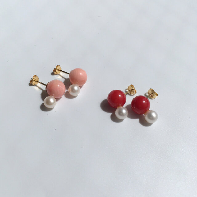 コーラル赤珊瑚と高品質淡水パールのスタッドピアス | iichi 日々の