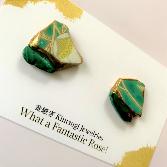 有田焼 陶片 x 金継ぎ ピアス イヤリング （マラカイト) | iichi 日々